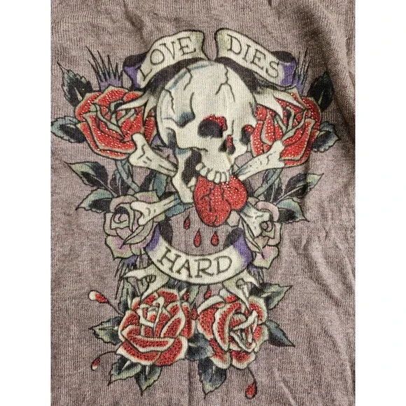 Vtg Y2K Ed Hardy Love Dies Hard Skull Dragon Roses Rhinestone XS Zip Up Hoodie